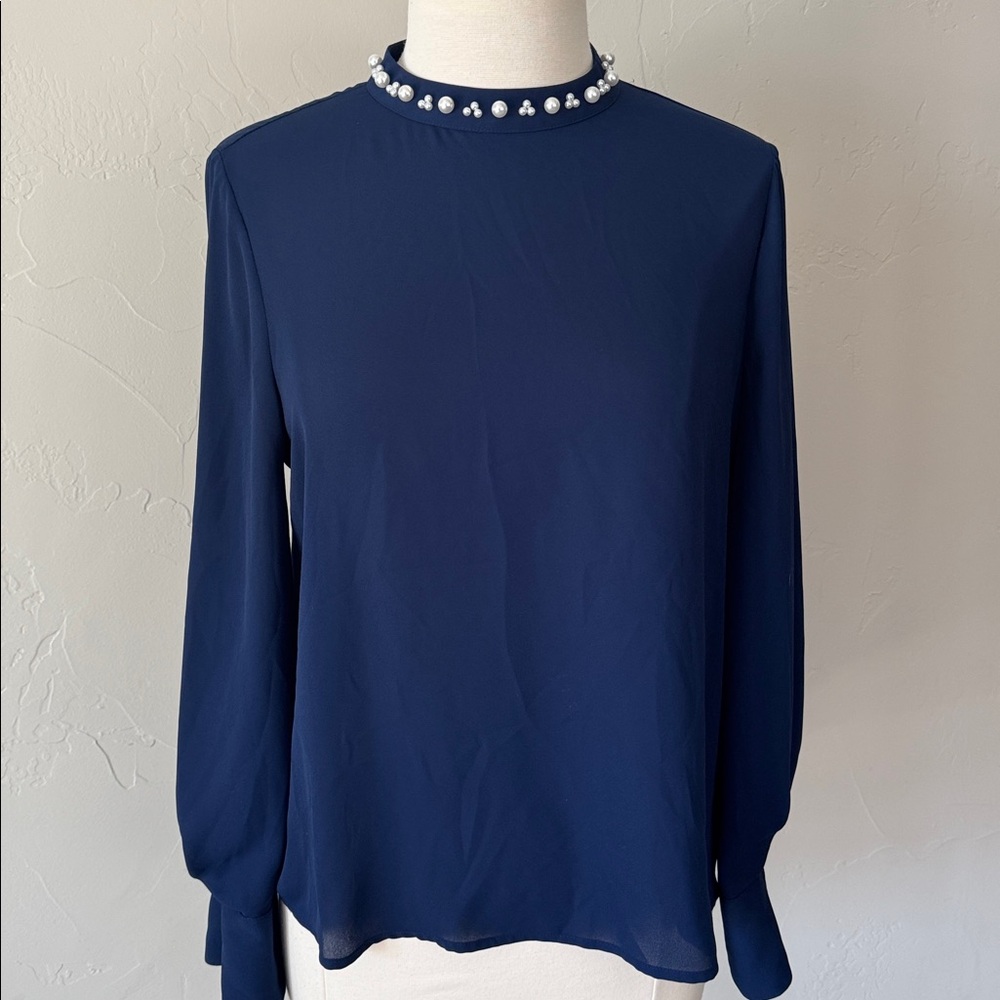 Worthington Pearl Trim Navy Blue Long-Sleeve Blouse